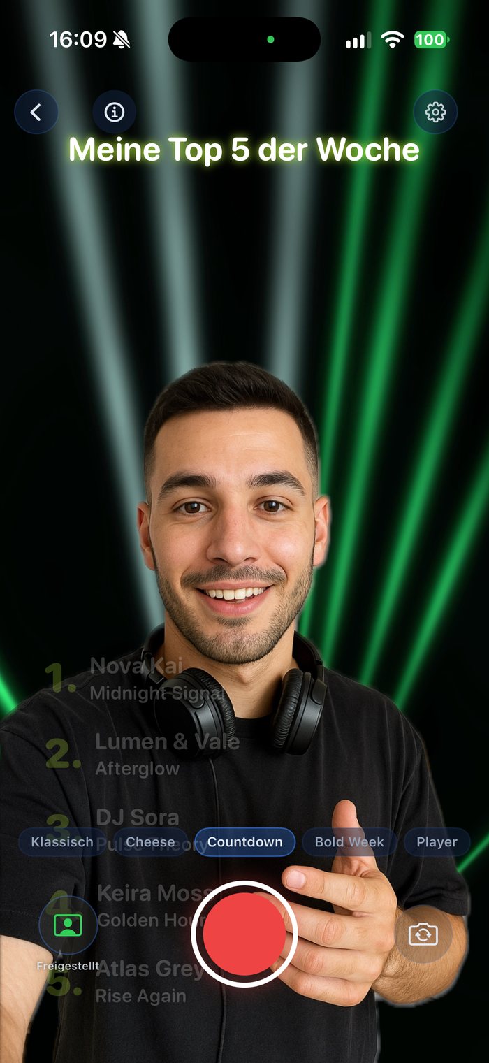 Nachher: Aufnahme-Bildschirm, der Mann steht freigestellt vor der animierten Laser-Show mit Rangliste und Aufnahmeknopf