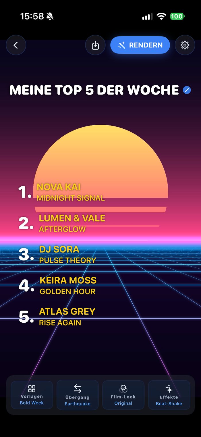 Editor mit Vorlage Bold Week: gelbe Rangliste 1 bis 5 vor Synthwave-Sonne und Neon-Gitter