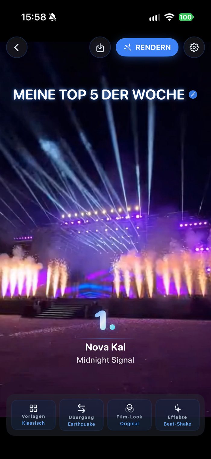 Editor mit Vorlage Klassisch: Meine Top 5 der Woche, Platz 1 Nova Kai – Midnight Signal vor einer Festivalbühne mit Lasern