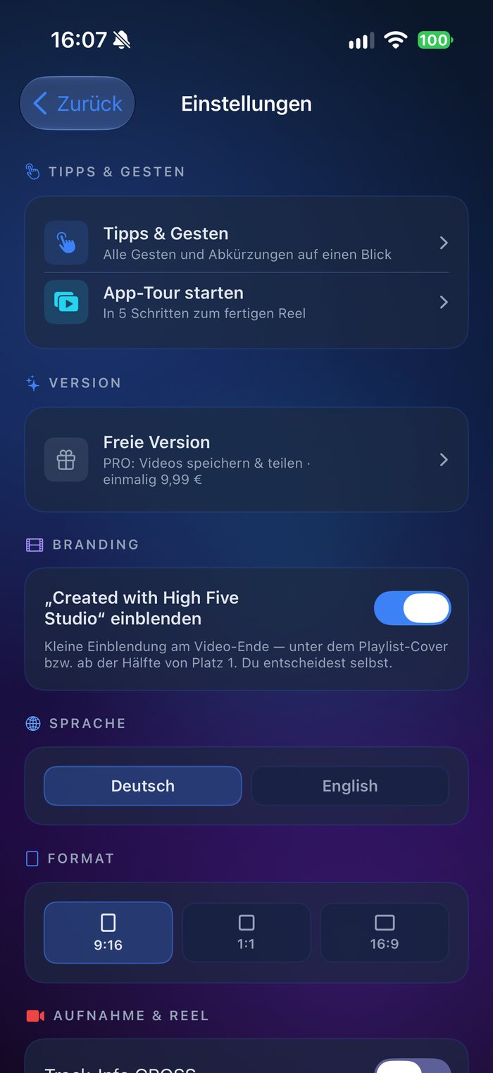 Einstellungen: Tipps und Gesten, App-Tour, Version, Branding-Schalter, Sprache, Format sowie Aufnahme und Reel