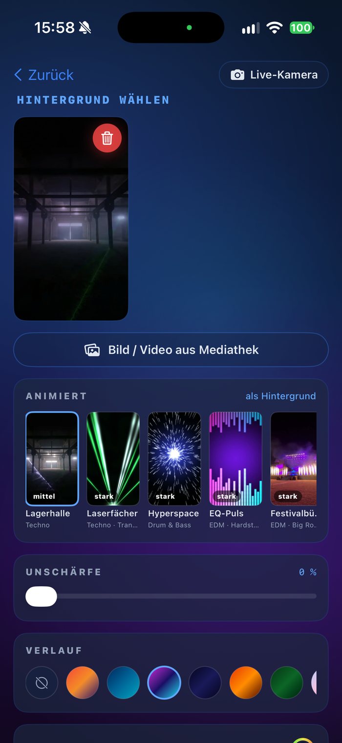 Hintergrund-Auswahl: Bild oder Video aus der Mediathek, animierte Loops wie Lagerhalle, Laserfächer, Hyperspace, EQ-Puls und Festivalbühne, Unschärfe und Verläufe