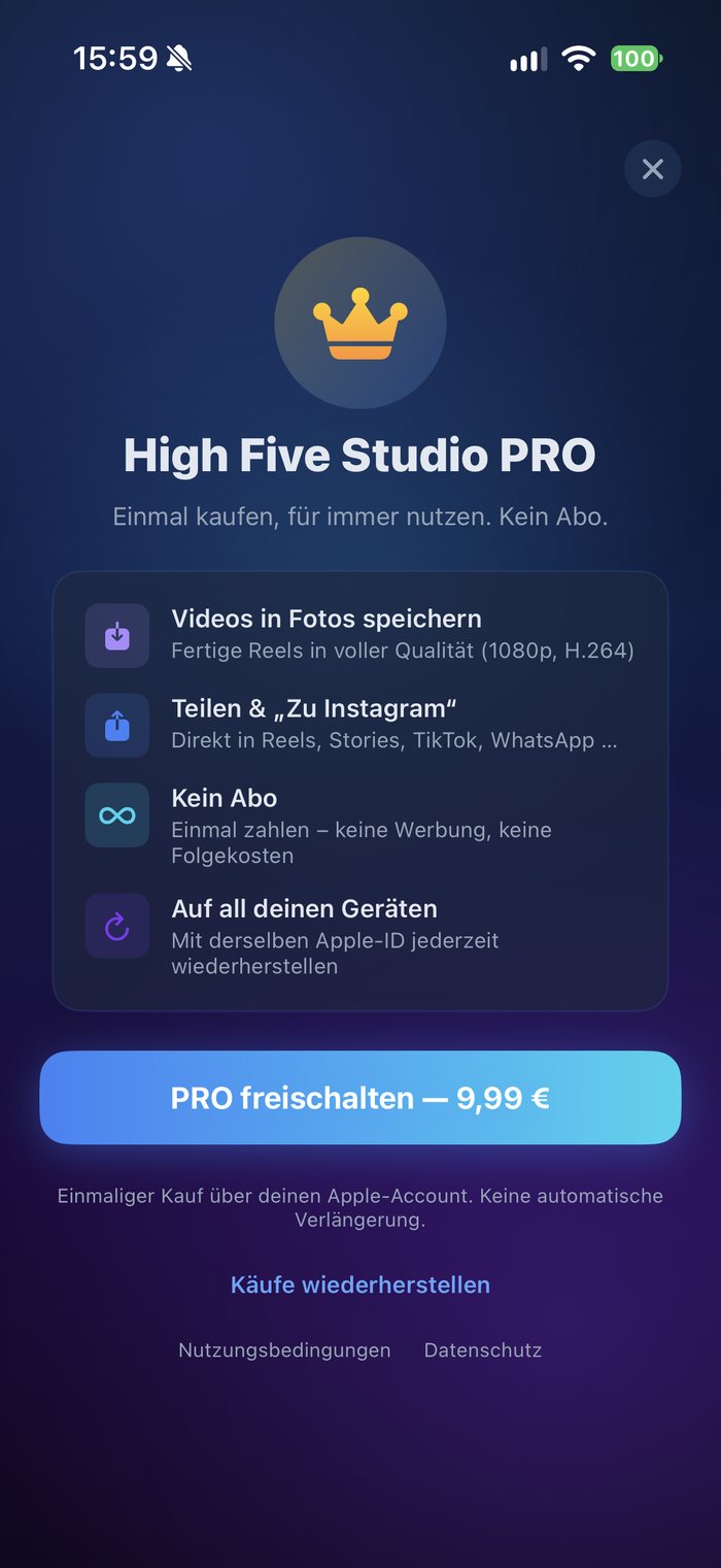 PRO-Seite in der App: Speichern, Teilen und Instagram freischalten, Einmalkauf ohne Abo, Käufe wiederherstellen