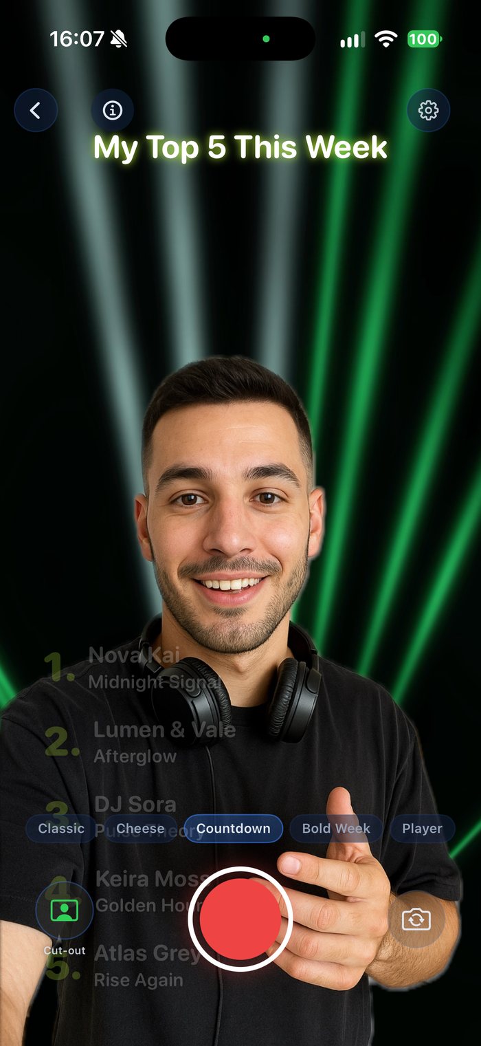 After: recording screen, the man stands cut out in front of the animated laser show with ranking and record button