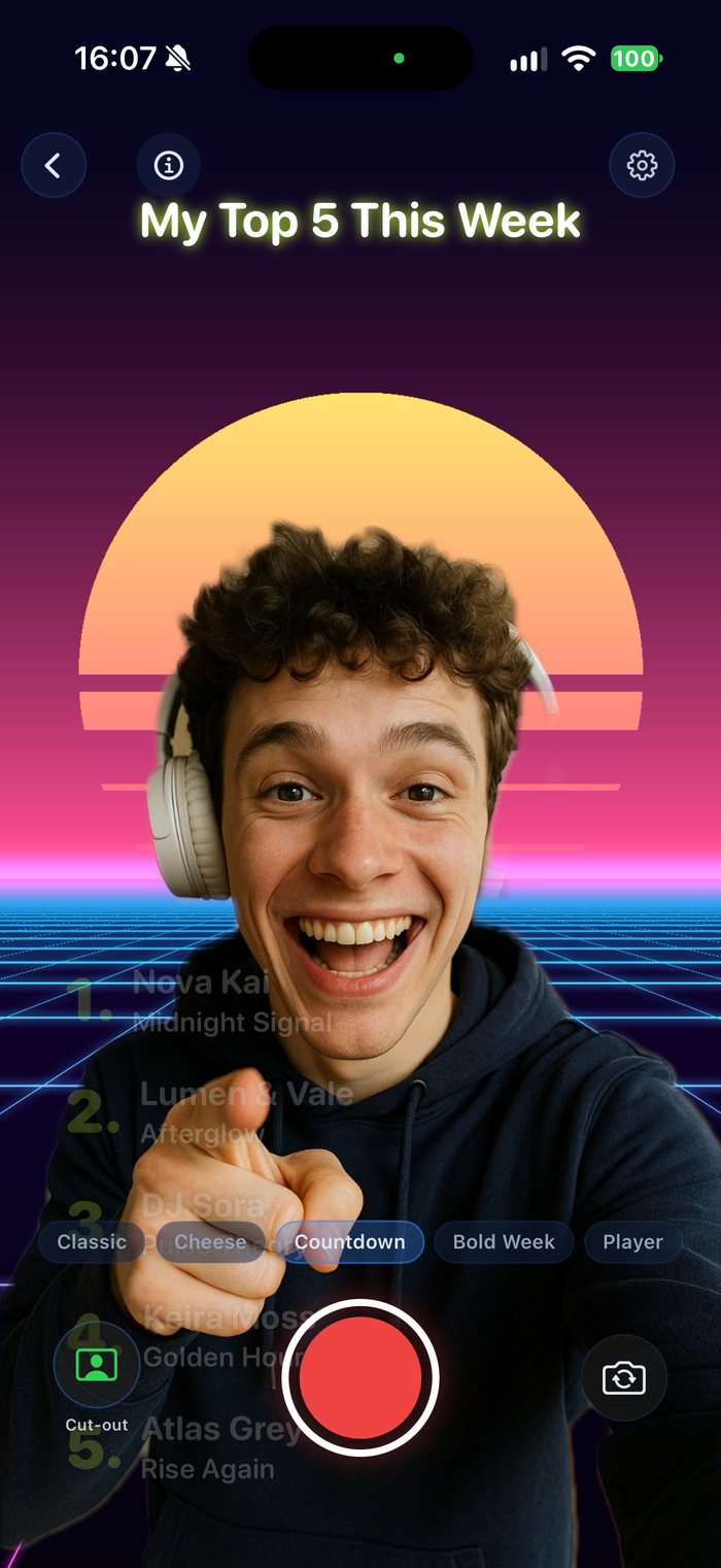 After: recording screen, the man in the hoodie stands cut out in front of the retro Neon Grid background with sun
