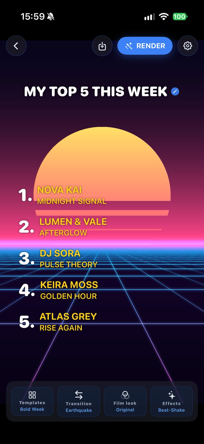 Editor with Bold Week template: yellow ranking 1 to 5 in front of synthwave sun and neon grid