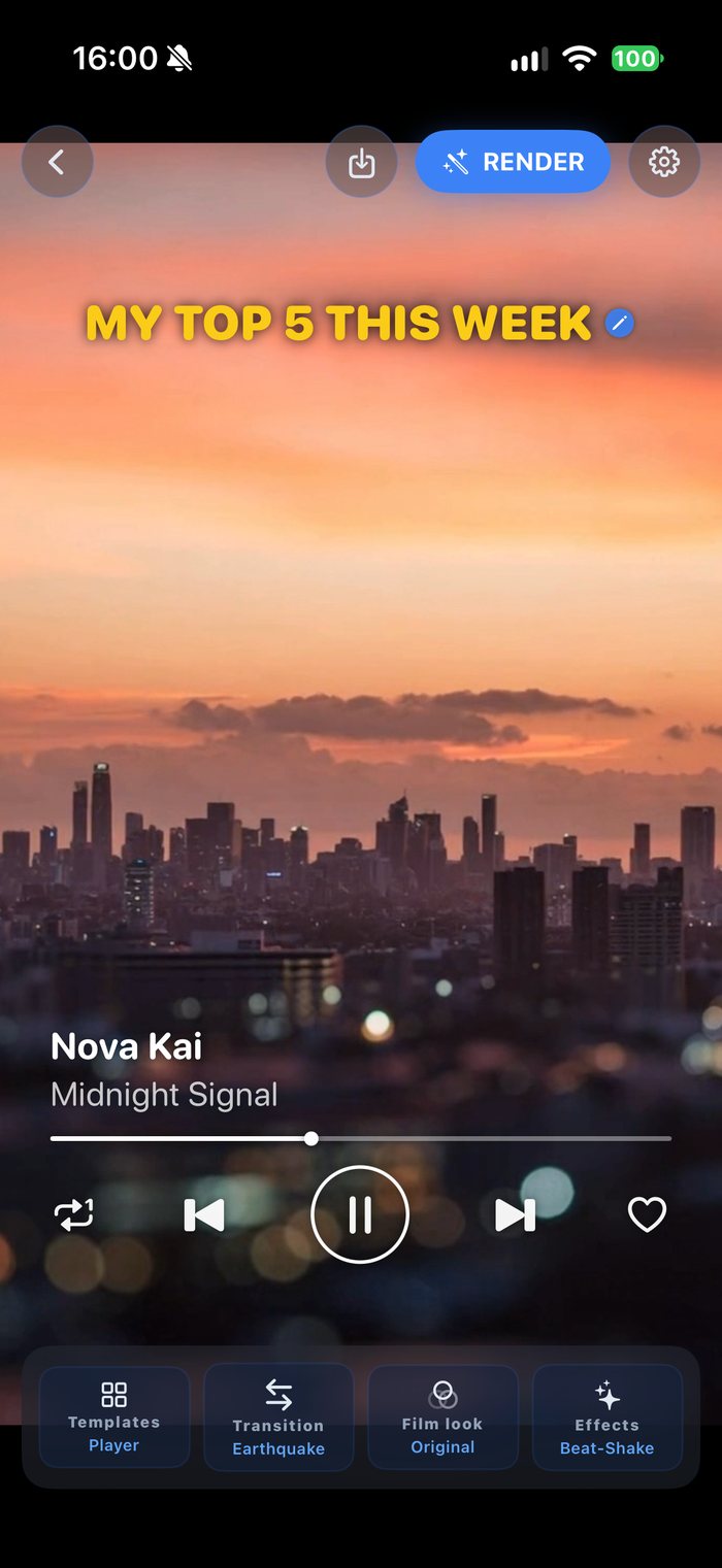 Editor with Player template: title, progress bar and controls in front of a sunset skyline