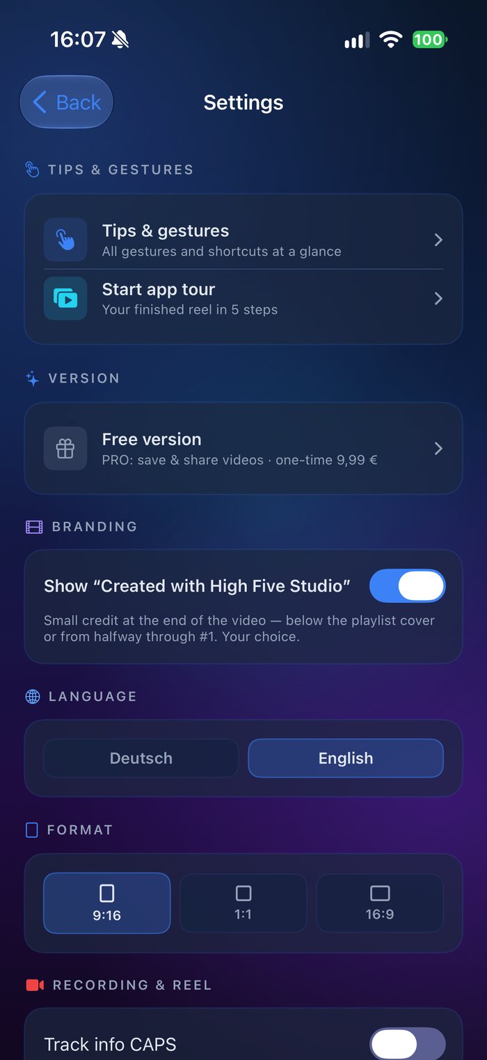 Settings: tips and gestures, app tour, version, branding switch, language, format, recording and reel