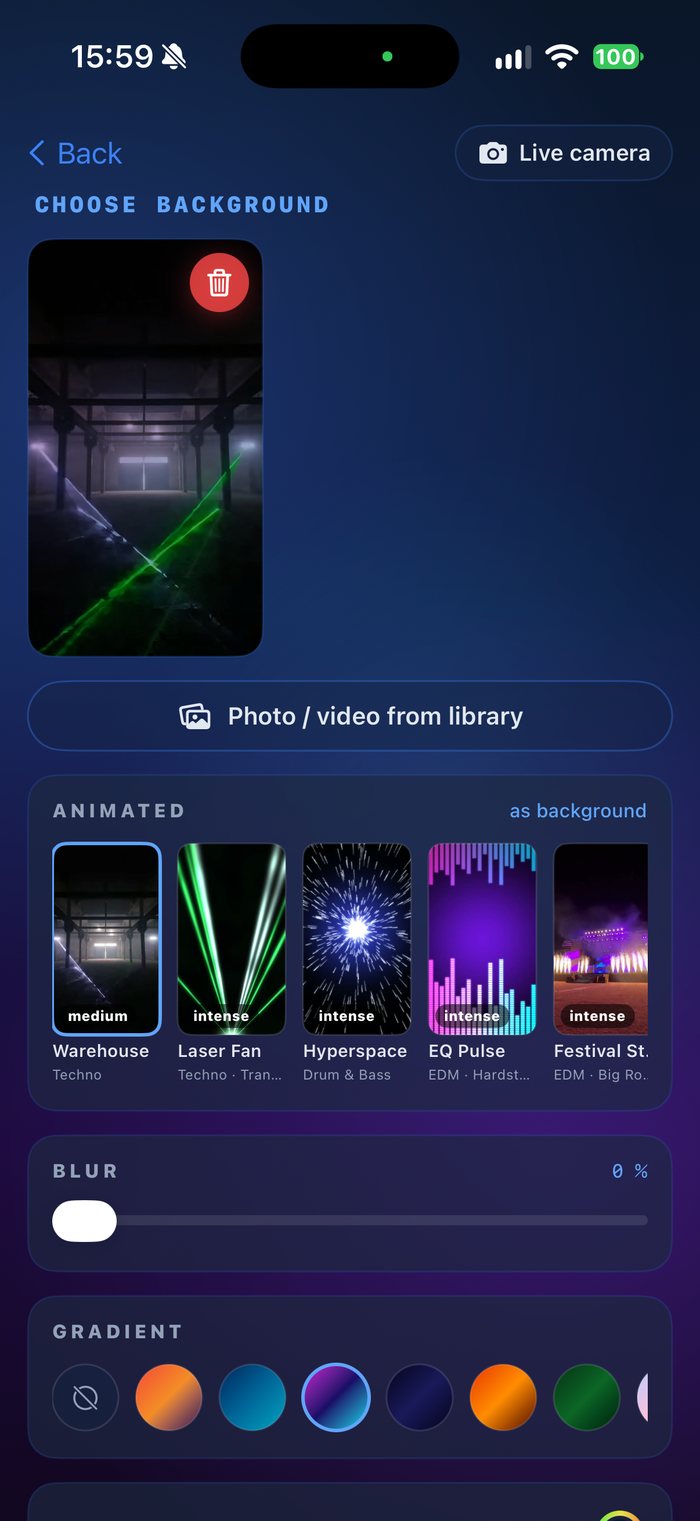 Background picker: photo or video from library, animated loops such as Warehouse, Laser Fan, Hyperspace, EQ Pulse and Festival Stage, blur and gradients