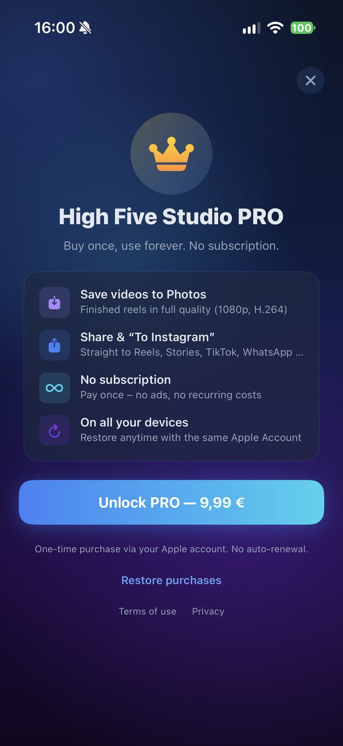 PRO screen in the app: unlock saving, sharing and Instagram, one-time purchase without subscription, restore purchases