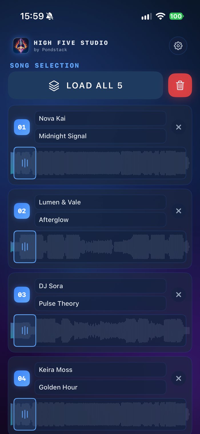Home screen: five song slots with artist, title and waveform with marked excerpt