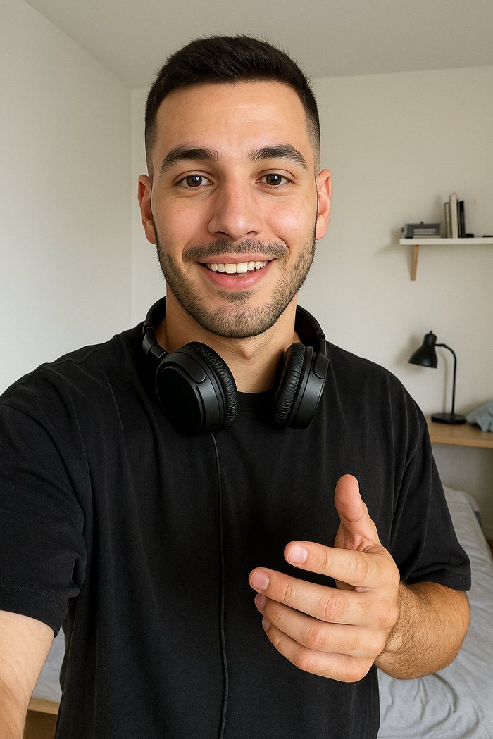 Vorher: Junger Mann mit kurzen dunklen Haaren und DJ-Kopfhörern um den Hals filmt sich im Schlafzimmer