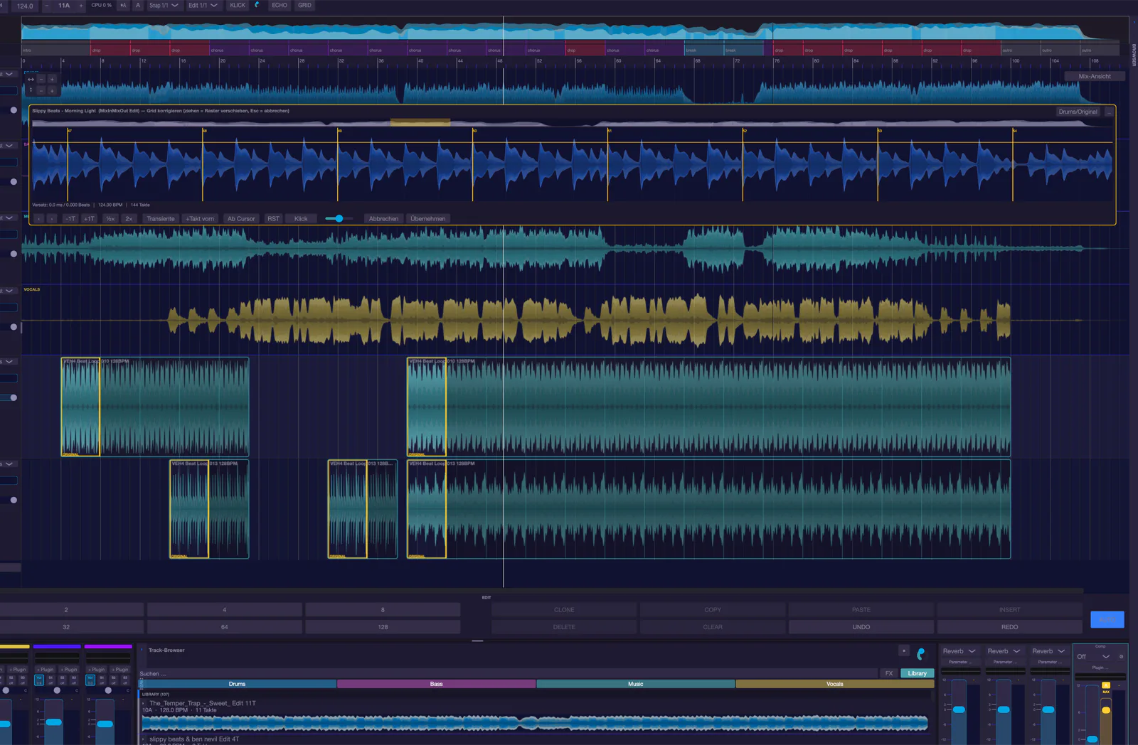 Raster-Werkzeug im Track-Edit-Modus von musaik: das Beatgrid liegt als Gitter über der Wellenform und lässt sich verschieben
