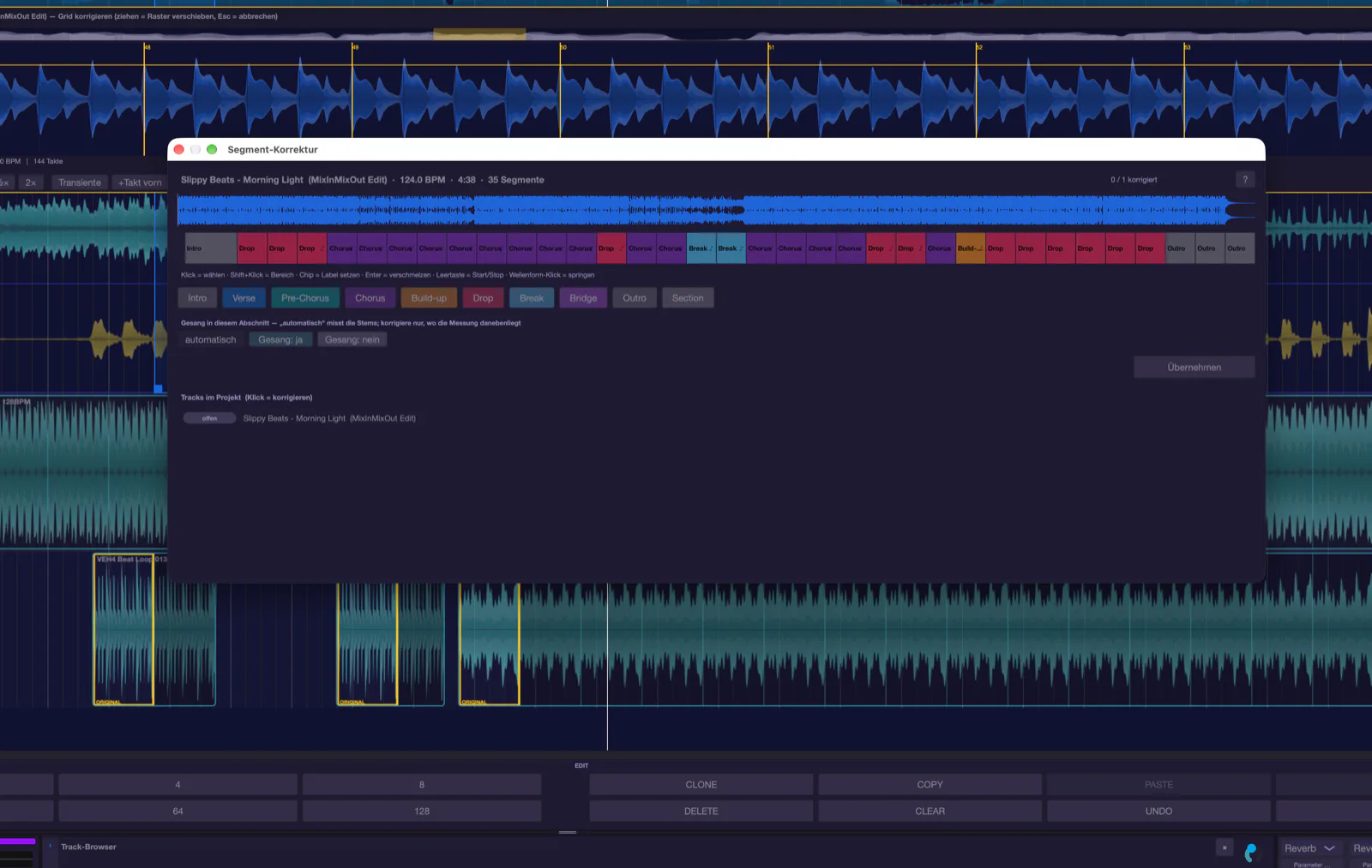 Das Fenster Segment-Korrektur in musaik: Wellenform, Segment-Band, Label-Chips für Intro, Verse, Chorus und Drop sowie die Liste der Projekt-Tracks